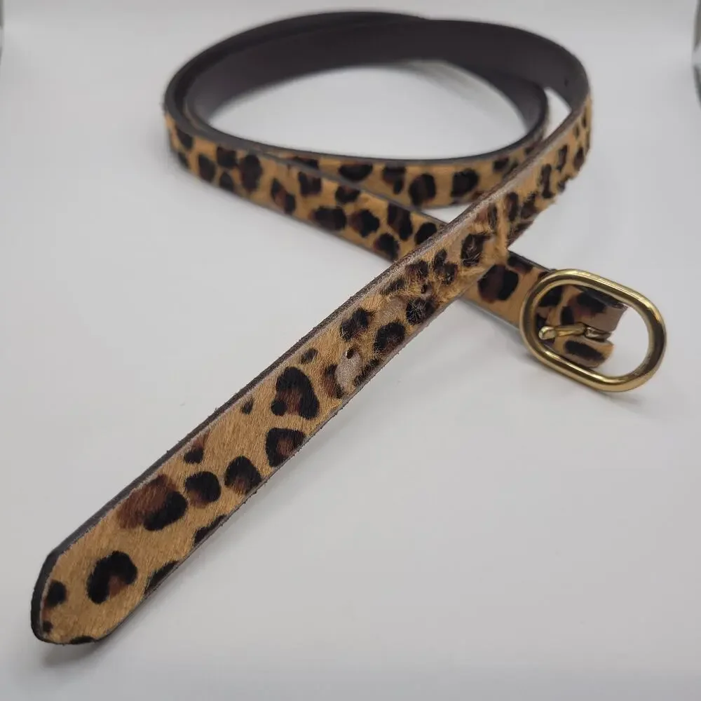 J.CREW Belt Small Brown Leather Leopard Haircalf Animal Print Skinny Gold Buckle